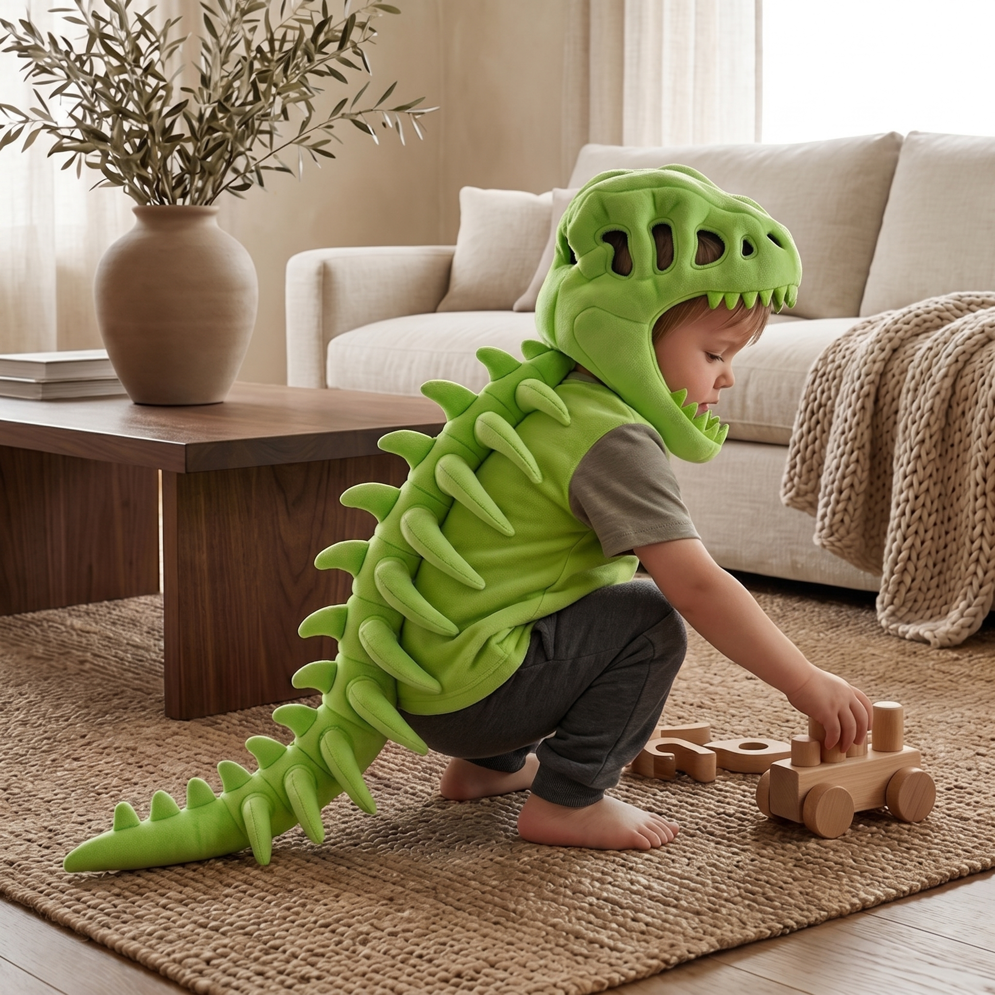 Tiny Snugg Dino Plush Hoodie - back view with dinosaur spikes