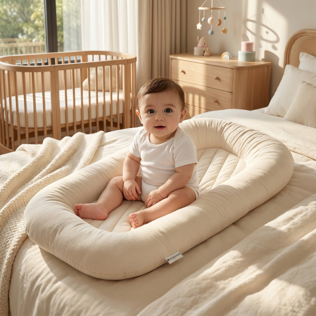 Tiny Snugg Ultra-Soft Infant Lounger Bed - front view striped plush
